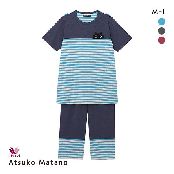 品 番:40HDT109マタノアツコのパジャマ&starf;ネコボーダー上下セットサイズ:レディースM(バスト79-87cm)L(バスト86-94cm)カラー:BU-ブルー、GY-グレー、RE
