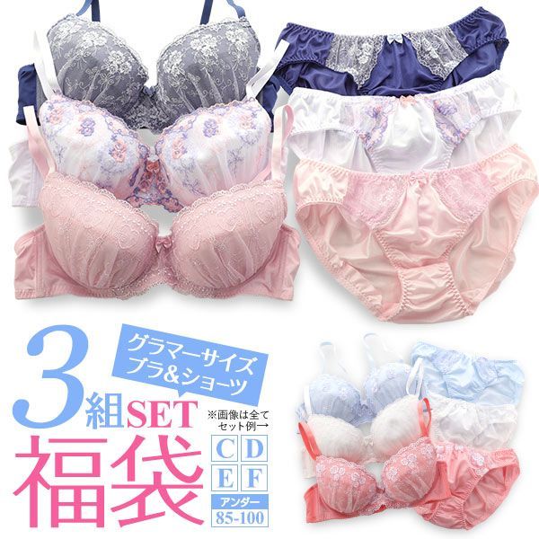 品 番:A48X005CDEFお買い得♪ グラマーサイズ ブラ＆ショーツ3組入り 福袋サイズ:レディースC85、C90、C95、D85、D90、D95、D100、E85、E90、E95、E100、F8