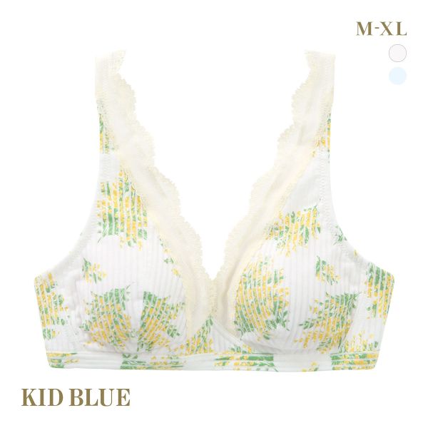 品 番:B80KIBA314kid blue 明るく華やかなミモザ柄のノンワイヤーブラジャーサイズ:レディースM(バスト80-90cm)L(バスト86-94cm)XL(バスト92-100cm)カラー: