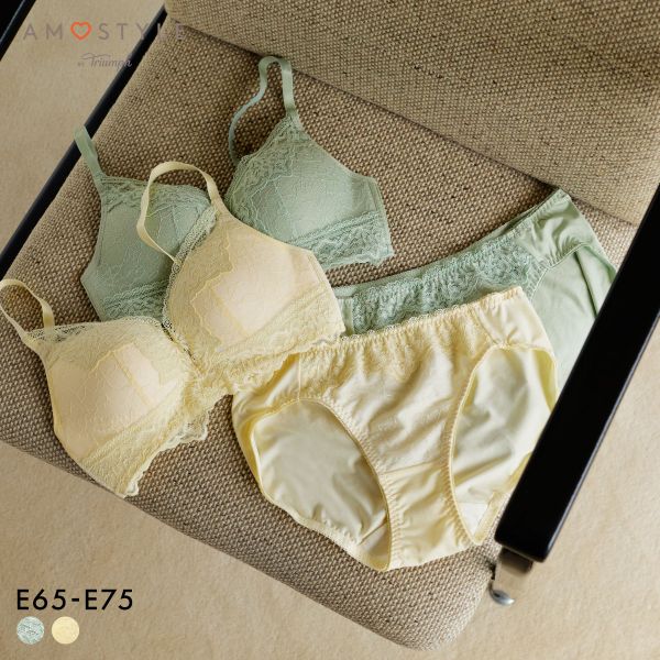 アモスタイル AMST1525 らくふわ ノンワイヤー ブラセット ブラジャー ショーツ セット E AMOSTYLE 大きいサイズ LGR YE